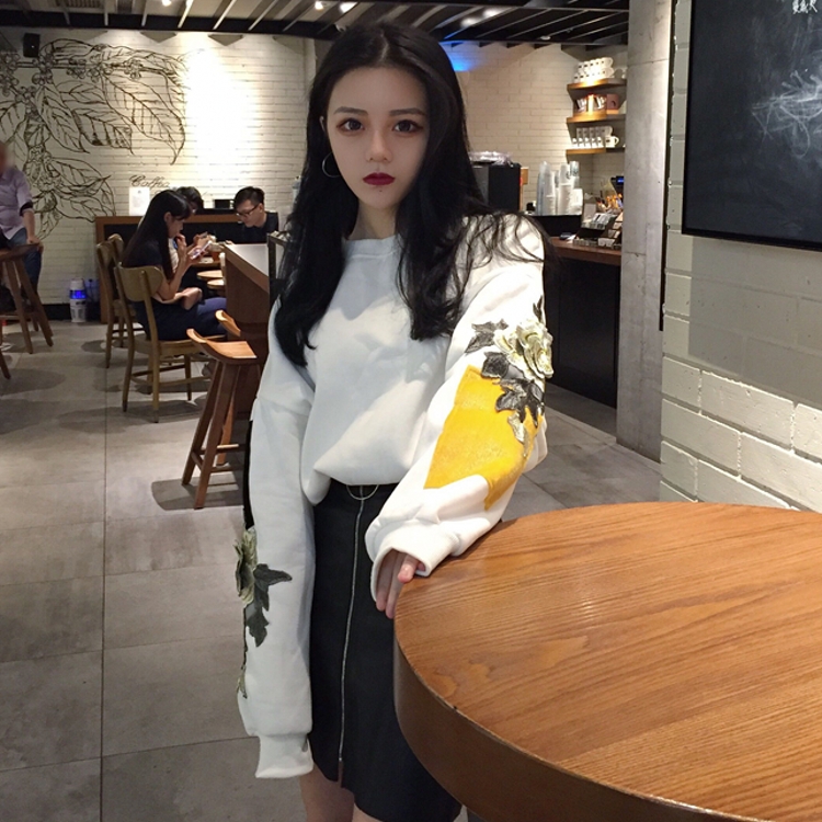 秋冬款韓國復古chic貼布撞色長袖花朵圓領套頭寬松學生衛衣女